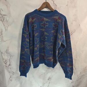 Vintage Sweater Mens Large Blue 90s Wool Pullover Crew Neck Southwestern Aztec